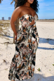 Lake Green Sexy Casual Print Hollowed Out Backless Strapless Long Dress Dresses