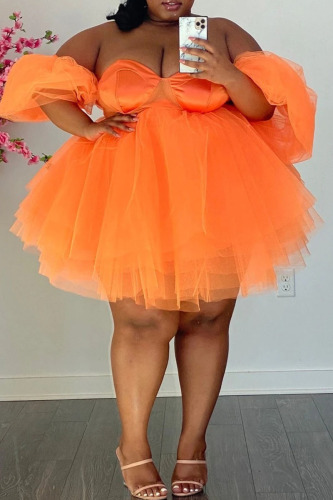 Tangerine Red Sexy Solid Patchwork Off the Shoulder Ball Gown Plus Size Dresses