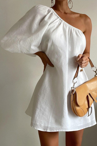White Elegant Solid Oblique Collar Irregular Dress Dresses