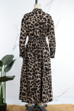 Coffee Casual Print Leopard Patchwork Turndown Collar Long Sleeve Dresses