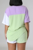 Green Casual Patchwork Contrast Shirt Collar Short Sleeve Two Pieces