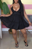 Black Sleeveless V Neck Knee-Length Patchwork Stringy Selvedge Solid Draped Backless Ruffle Dresses