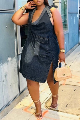 Navy Blue Sexy Casual Solid Patchwork O Neck Regular Denim Dresses