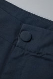 Navy Blue Casual Solid Patchwork Buttons V Neck Long Sleeve Two Pieces