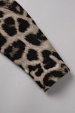 Grey Casual Print Leopard Patchwork Turndown Collar Long Sleeve Dresses