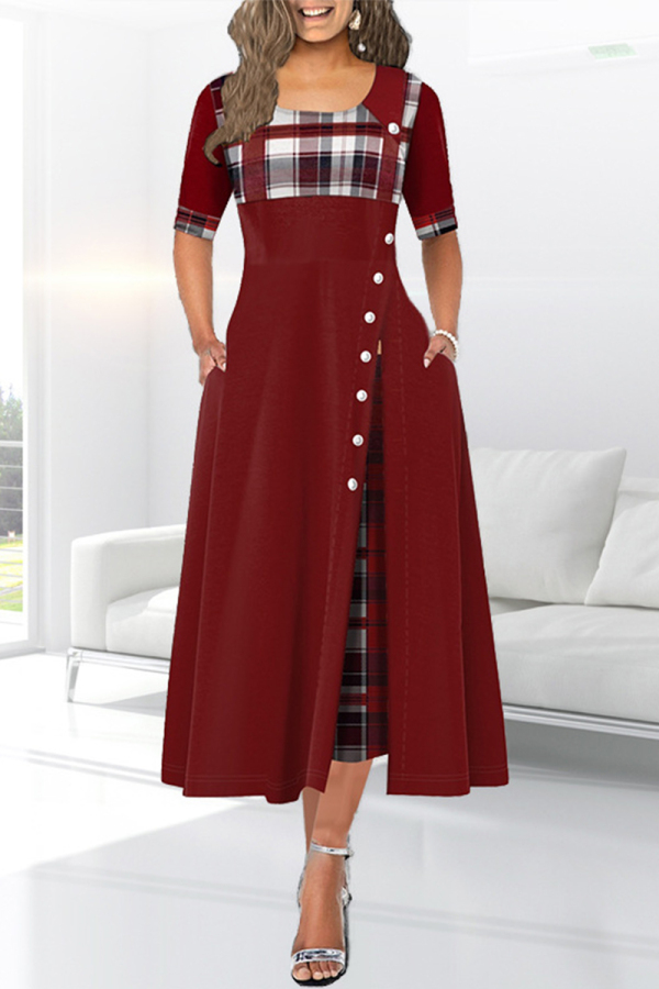 Burgundy Vintage Elegant Solid Patchwork O Neck Waist Skirt Dresses