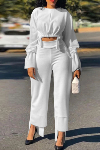 White Casual Solid Patchwork O Neck Long Sleeve Two Pieces