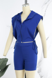 Blue Casual Solid Bandage Patchwork Zipper Zipper Collar Sleeveless Two Pieces