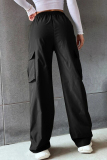 Black Solid Pocket Loose Mid Waist Straight Solid Color Bottoms