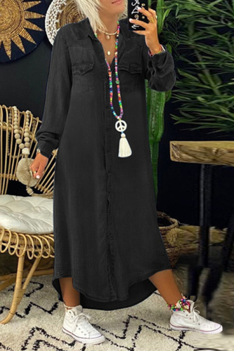 Black Gray Casual Solid Patchwork Turndown Collar Irregular Dress Dresses