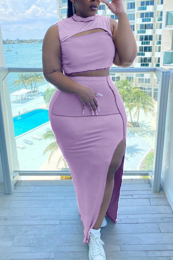 Purple Sexy Solid Hollowed Out Patchwork Slit O Neck Plus Size Two Pieces