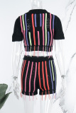 Black Casual Patchwork Embroidered Turndown Collar Short Sleeve Two Pieces