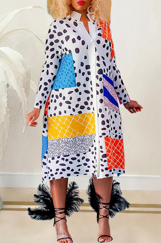 White Casual Print Patchwork Mandarin Collar Long Sleeve Dresses