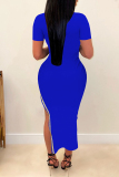 Royal Blue Casual Solid Patchwork Slit Hot Drill O Neck Short Sleeve Dress