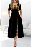 Black Vintage Elegant Solid Patchwork O Neck Waist Skirt Dresses