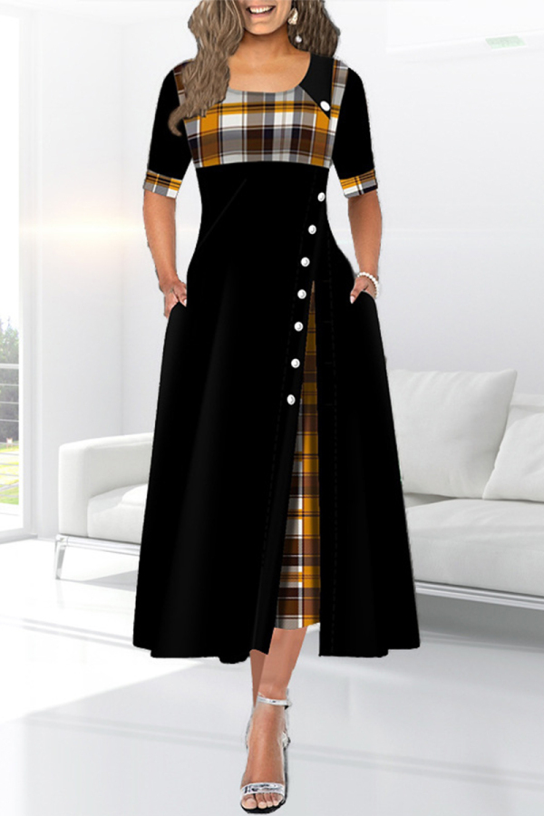 Black Vintage Elegant Solid Patchwork O Neck Waist Skirt Dresses