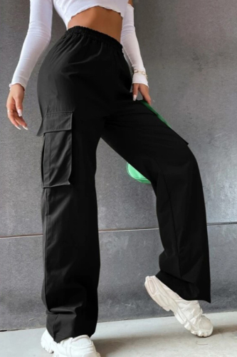 Black Solid Pocket Loose Mid Waist Straight Solid Color Bottoms
