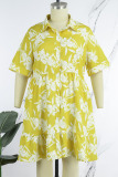 Yellow Casual Print Patchwork Turndown Collar Shirt Dress Plus Size Dresses