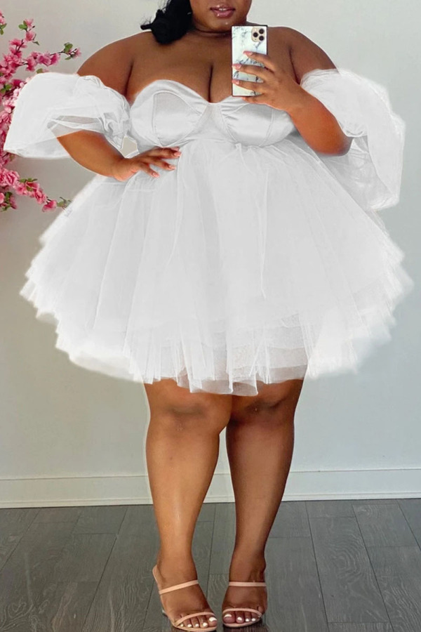 White Sexy Solid Patchwork Off the Shoulder Ball Gown Plus Size Dresses