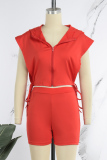 Red Casual Solid Bandage Patchwork Zipper Zipper Collar Sleeveless Two Pieces
