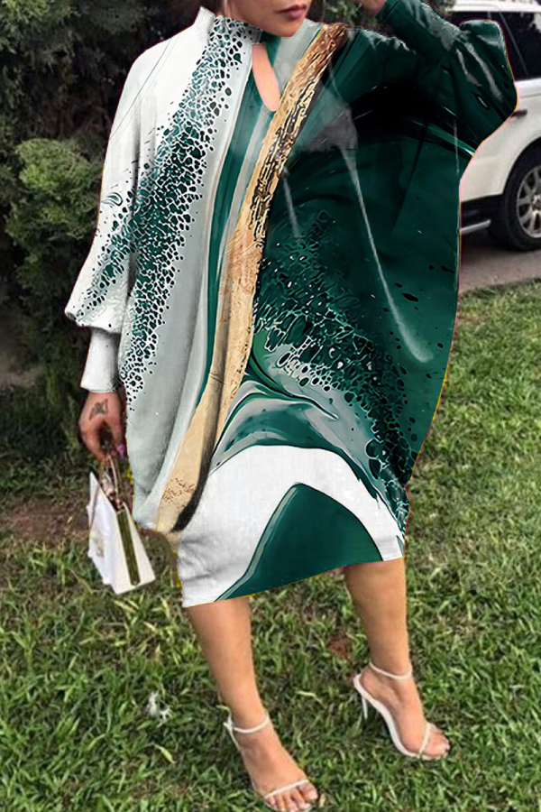 Dark Green Casual Print Hollowed Out O Neck Long Sleeve Dresses
