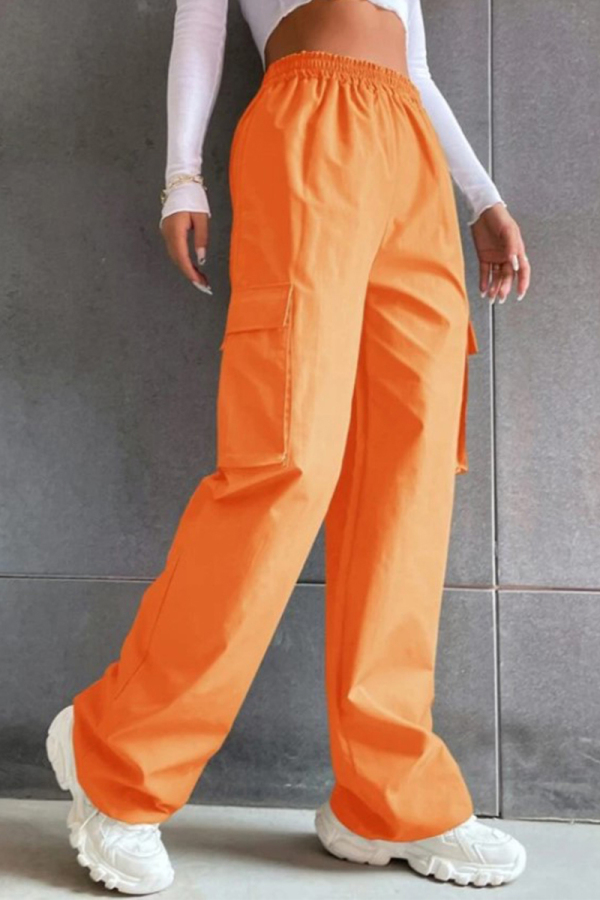 Tangerine Red Solid Pocket Loose Mid Waist Straight Solid Color Bottoms