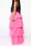 Fluorescent Pink Casual Solid Patchwork Regular Conventional Solid Color Skirt (Without Panties)