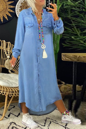 Light Blue Casual Solid Patchwork Turndown Collar Irregular Dress Dresses