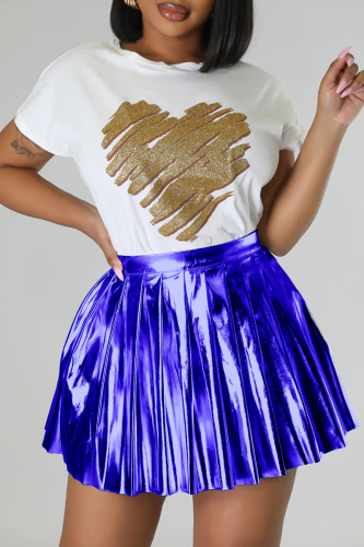 Blue Street Solid Patchwork Fold High Waist Type A Solid Color Bottoms