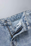 The cowboy blue Street Solid Ripped Pocket Straight Denim Jeans