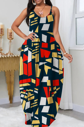 Yellow Red Sexy Casual Print Backless Spaghetti Strap Long Dress Dresses