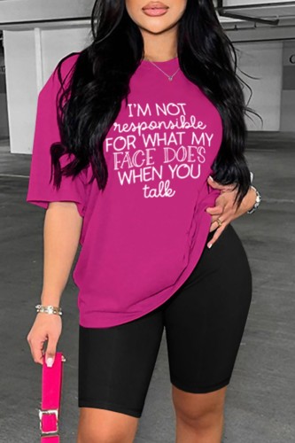 Rose Red Black Casual Letter Print Basic O Neck Short Sleeve Two Pieces