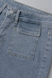 Blue Casual Solid Hollowed Out Patchwork Mid Waist Skinny Denim Shorts