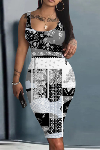 Black Gray Casual Print Basic U Neck Vest Dress Dresses