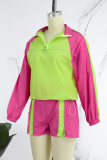 Fluorescent Green Casual Patchwork Contrast Zipper Collar Long Sleeve Two Pieces