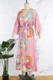 Pink Casual Print Patchwork V Neck Long Dress Dresses
