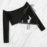 Black Sexy Solid Patchwork See-through Chains Backless Swimwear Tops Set (With Paddings)
