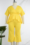 Yellow Casual Solid Patchwork V Neck Half Sleeve Two Pieces