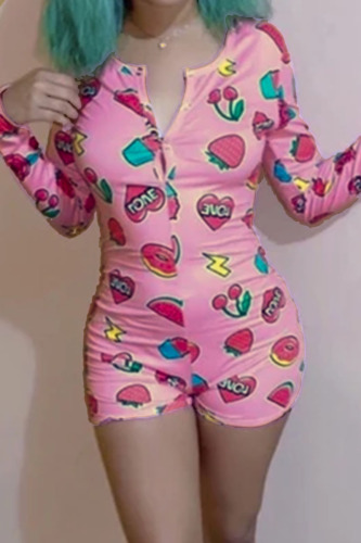 Pink Fashion Sexy Living V Neck Long Sleeve Regular Sleeve Skinny Print Romper