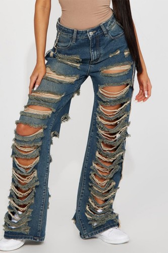 Wholesale Casual Solid Ripped Hollowed Out High Waist Skinny Denim ...