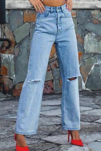 Blue Casual Solid Ripped High Waist Straight Denim Jeans