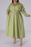 Army Green Casual Solid Patchwork Turndown Collar Shirt Dress Plus Size Dresses