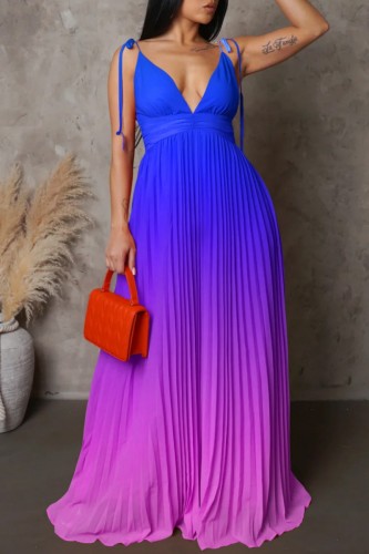 Blue Sexy Casual Gradual Change Print Bandage Backless Pleated V Neck Long Dress Dresses