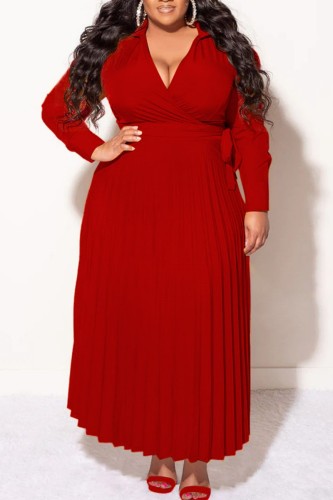 Red Casual Solid Frenulum V Neck Pleated Plus Size Dresses