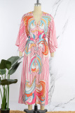 Pink Casual Print Patchwork V Neck Long Dress Dresses