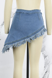 Sky Blue Casual Solid Tassel Patchwork Asymmetrical High Waist Skinny Denim Shorts