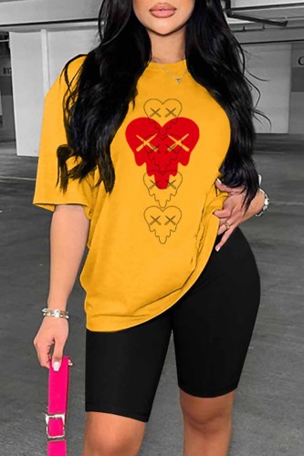 Yellow Casual Print Patchwork O Neck Short Sleeve Two Pieces