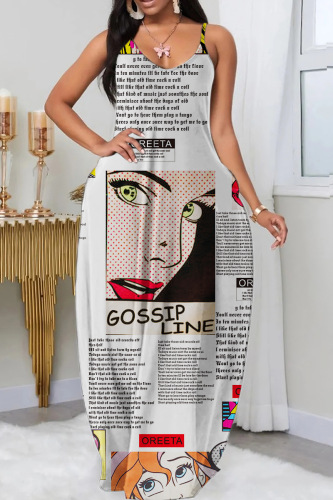 White Sexy Casual Print Backless Spaghetti Strap Long Dress Dresses