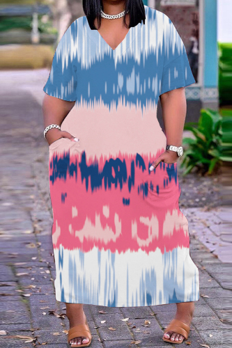 Blue Pink Casual Print Basic V Neck Short Sleeve Dress Dresses