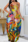 Yellow Red Sexy Casual Print Backless Spaghetti Strap Long Dress Dresses